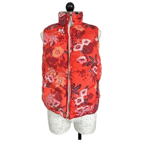 LL Bean Reversible Coral Floral Cream Down Puffer Vest  Size Medium - Picture 6 of 15